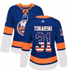 Women's Adidas New York Islanders #31 Dustin Tokarski Authentic Royal Blue USA Flag Fashion NHL Jersey