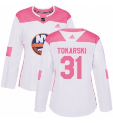 Women's Adidas New York Islanders #31 Dustin Tokarski Authentic White Pink Fashion NHL Jersey