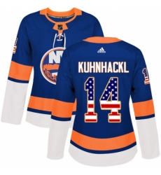 Women's Adidas New York Islanders #14 Tom Kuhnhackl Authentic Royal Blue USA Flag Fashion NHL Jersey