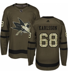 Men's Adidas San Jose Sharks #68 Melker Karlsson Authentic Green Salute to Service NHL Jersey
