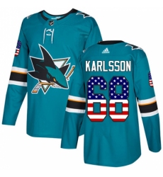 Men's Adidas San Jose Sharks #68 Melker Karlsson Authentic Teal Green USA Flag Fashion NHL Jersey