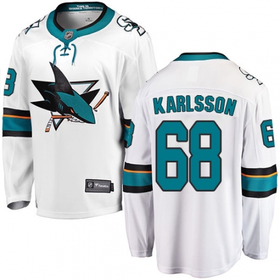 Men's San Jose Sharks #68 Melker Karlsson Fanatics Branded White Away Breakaway NHL Jersey Men's San Jose Sharks #68 Melker Karlsson Fanatics Branded White Away Breakaway NHL Jersey