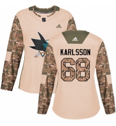 Women's Adidas San Jose Sharks #68 Melker Karlsson Authentic Camo Veterans Day Practice NHL Jersey