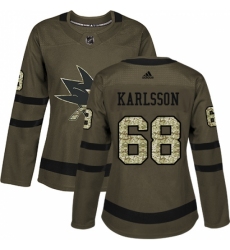 Women's Adidas San Jose Sharks #68 Melker Karlsson Authentic Green Salute to Service NHL Jersey