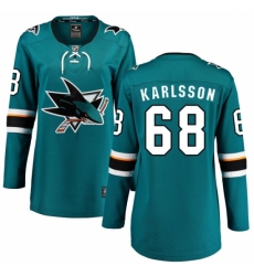 Women's San Jose Sharks #68 Melker Karlsson Fanatics Branded Teal Green Home Breakaway NHL Jersey