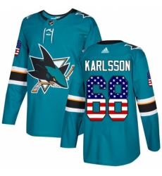Youth Adidas San Jose Sharks #68 Melker Karlsson Authentic Teal Green USA Flag Fashion NHL Jersey