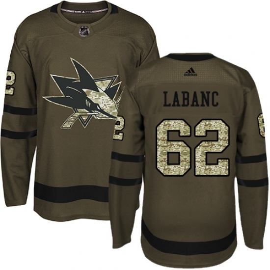 Men's Adidas San Jose Sharks #62 Kevin Labanc Authentic Green Salute to Service NHL Jersey Men's Adidas San Jose Sharks #62 Kevin Labanc Authentic Green Salute to Service NHL Jersey