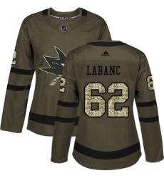 Women's Adidas San Jose Sharks #62 Kevin Labanc Authentic Green Salute to Service NHL Jersey Women's Adidas San Jose Sharks #62 Kevin Labanc Authentic Green Salute to Service NHL Jersey