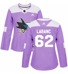 Women's Adidas San Jose Sharks #62 Kevin Labanc Authentic Purple Fights Cancer Practice NHL Jersey