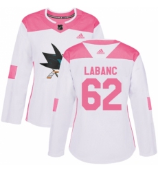 Women's Adidas San Jose Sharks #62 Kevin Labanc Authentic White/Pink Fashion NHL Jersey