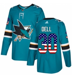 Men's Adidas San Jose Sharks #30 Aaron Dell Authentic Teal Green USA Flag Fashion NHL Jersey