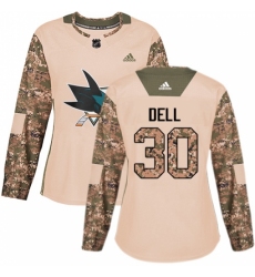 Women's Adidas San Jose Sharks #30 Aaron Dell Authentic Camo Veterans Day Practice NHL Jersey