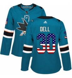 Women's Adidas San Jose Sharks #30 Aaron Dell Authentic Teal Green USA Flag Fashion NHL Jersey