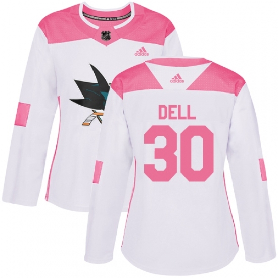 Women's Adidas San Jose Sharks #30 Aaron Dell Authentic White/Pink Fashion NHL Jersey Women's Adidas San Jose Sharks #30 Aaron Dell Authentic White/Pink Fashion NHL Jersey