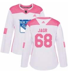 Women's Adidas New York Rangers #68 Jaromir Jagr Authentic White/Pink Fashion NHL Jersey