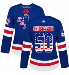 Women's Adidas New York Rangers #50 Lias Andersson Authentic Royal Blue USA Flag Fashion NHL Jersey
