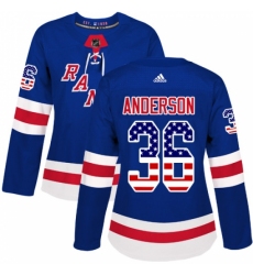 Women's Adidas New York Rangers #36 Glenn Anderson Authentic Royal Blue USA Flag Fashion NHL Jersey