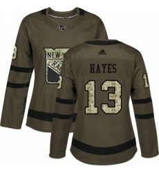 Women's Adidas New York Rangers #13 Kevin Hayes Authentic Green Salute to Service NHL Jersey