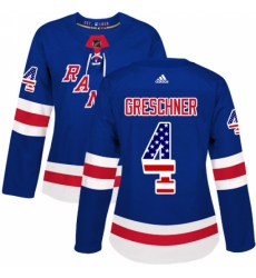 Women's Adidas New York Rangers #4 Ron Greschner Authentic Royal Blue USA Flag Fashion NHL Jersey