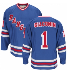 Men's CCM New York Rangers #1 Eddie Giacomin Authentic Royal Blue Heroes of Hockey Alumni Throwback NHL Jersey