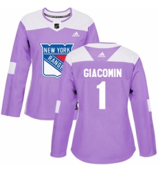 Women's Adidas New York Rangers #1 Eddie Giacomin Authentic Purple Fights Cancer Practice NHL Jersey