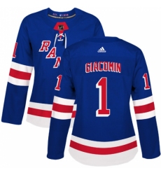 Women's Adidas New York Rangers #1 Eddie Giacomin Authentic Royal Blue Home NHL Jersey