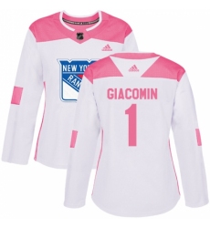 Women's Adidas New York Rangers #1 Eddie Giacomin Authentic White/Pink Fashion NHL Jersey