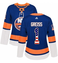 Women's Adidas New York Islanders #1 Thomas Greiss Authentic Royal Blue USA Flag Fashion NHL Jersey