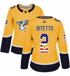 Women's Adidas Nashville Predators #2 Anthony Bitetto Authentic Gold USA Flag Fashion NHL Jersey