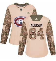 Women's Adidas Montreal Canadiens #64 Jeremiah Addison Authentic Camo Veterans Day Practice NHL Jersey