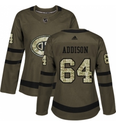Women's Adidas Montreal Canadiens #64 Jeremiah Addison Authentic Green Salute to Service NHL Jersey