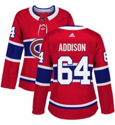 Women's Adidas Montreal Canadiens #64 Jeremiah Addison Authentic Red Home NHL Jersey