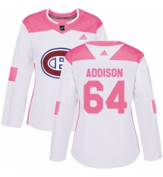 Women's Adidas Montreal Canadiens #64 Jeremiah Addison Authentic White/Pink Fashion NHL Jersey
