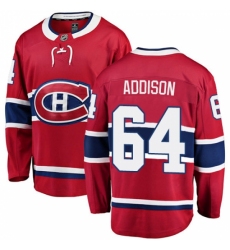 Youth Montreal Canadiens #64 Jeremiah Addison Authentic Red Home Fanatics Branded Breakaway NHL Jersey