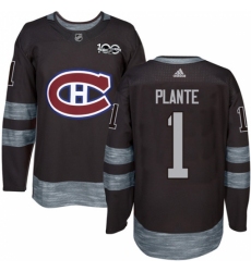 Men's Adidas Montreal Canadiens #1 Jacques Plante Authentic Black 1917-2017 100th Anniversary NHL Jersey