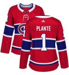 Women's Adidas Montreal Canadiens #1 Jacques Plante Authentic Red Home NHL Jersey