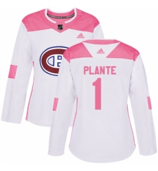 Women's Adidas Montreal Canadiens #1 Jacques Plante Authentic White/Pink Fashion NHL Jersey
