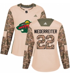 Women's Adidas Minnesota Wild #22 Nino Niederreiter Authentic Camo Veterans Day Practice NHL Jersey