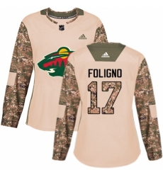 Women's Adidas Minnesota Wild #17 Marcus Foligno Authentic Camo Veterans Day Practice NHL Jersey