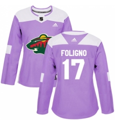 Women's Adidas Minnesota Wild #17 Marcus Foligno Authentic Purple Fights Cancer Practice NHL Jersey