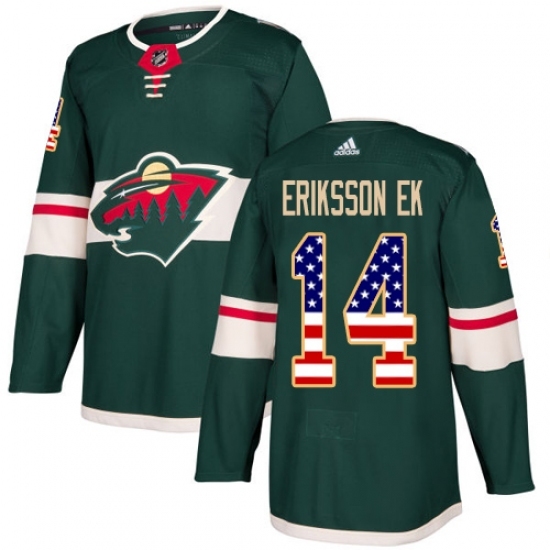 Men's Adidas Minnesota Wild #14 Joel Eriksson Ek Authentic Green USA Flag Fashion NHL Jersey Men's Adidas Minnesota Wild #14 Joel Eriksson Ek Authentic Green USA Flag Fashion NHL Jersey
