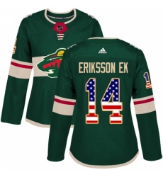 Women's Adidas Minnesota Wild #14 Joel Eriksson Ek Authentic Green USA Flag Fashion NHL Jersey