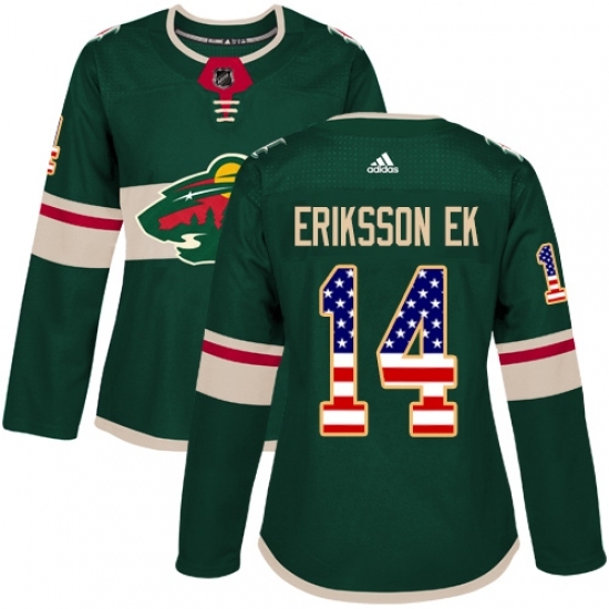 Women's Adidas Minnesota Wild #14 Joel Eriksson Ek Authentic Green USA Flag Fashion NHL Jersey Women's Adidas Minnesota Wild #14 Joel Eriksson Ek Authentic Green USA Flag Fashion NHL Jersey