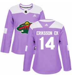 Women's Adidas Minnesota Wild #14 Joel Eriksson Ek Authentic Purple Fights Cancer Practice NHL Jersey