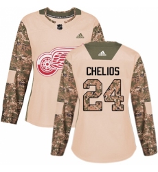 Women's Adidas Detroit Red Wings #24 Chris Chelios Authentic Camo Veterans Day Practice NHL Jersey
