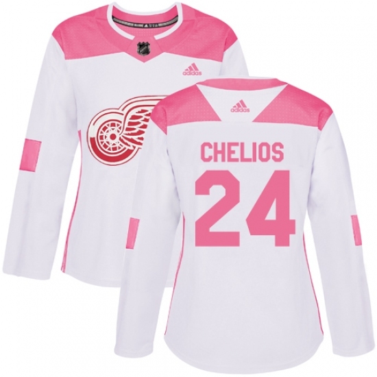 Women's Adidas Detroit Red Wings #24 Chris Chelios Authentic White/Pink Fashion NHL Jersey Women's Adidas Detroit Red Wings #24 Chris Chelios Authentic White/Pink Fashion NHL Jersey