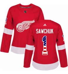 Women's Adidas Detroit Red Wings #1 Terry Sawchuk Authentic Red USA Flag Fashion NHL Jersey