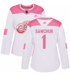 Women's Adidas Detroit Red Wings #1 Terry Sawchuk Authentic White/Pink Fashion NHL Jersey