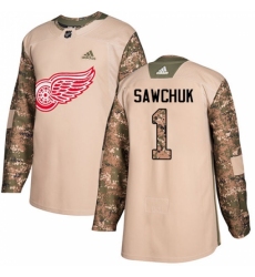 Youth Adidas Detroit Red Wings #1 Terry Sawchuk Authentic Camo Veterans Day Practice NHL Jersey