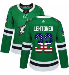 Women's Adidas Dallas Stars #32 Kari Lehtonen Authentic Green USA Flag Fashion NHL Jersey